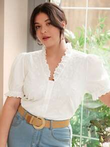 SHEIN Frenchy Plus Eyelet Embroidery Puff Sleeve Blouse - White - View 2