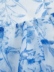 SHEIN MOD Floral Print Puff Sleeve Dress - Blue and White - View 3