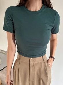 DAZY 實色短版t恤 - 墨綠色 - 查看 2