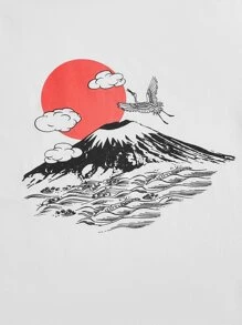 Manfinity Hombres montaña & con estampado de sol Camiseta & de cintura con cordón Shorts - Blanco y Negro - Ver 3