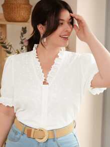 SHEIN Frenchy Plus Eyelet Embroidery Puff Sleeve Blouse - White - View 4