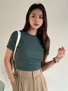 DAZY 實色短版t恤 - 墨綠色 - 查看 3