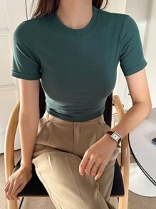 DAZY 實色短版t恤 - 墨綠色 - 查看 8