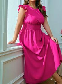 SHEIN VCAY Vestido ribete con fruncido de cintura fruncido - Rosa Fucsia - Ver 1