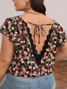 SHEIN Frenchy Plus Floral Print Contrast Lace Tie Backless Butterfly Sleeve Blouse - Multicolor - View 1