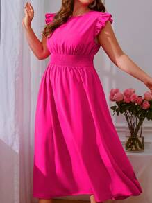 SHEIN VCAY Vestido ribete con fruncido de cintura fruncido - Rosa Fucsia - Ver 3