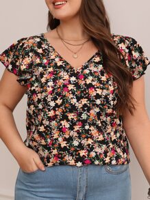 SHEIN Frenchy Plus Floral Print Contrast Lace Tie Backless Butterfly Sleeve Blouse - Multicolor - View 2