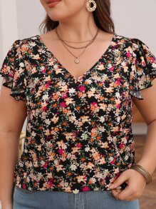 SHEIN Frenchy Plus Floral Print Contrast Lace Tie Backless Butterfly Sleeve Blouse - Multicolor - View 5