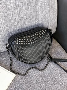 鉚釘裝飾鏈條馬鞍包 - 黑色 - 查看 1