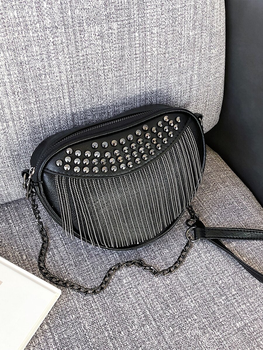 鉚釘裝飾鏈條馬鞍包 - 黑色 - 查看 1