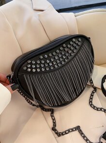 鉚釘裝飾鏈條馬鞍包 - 黑色 - 查看 2