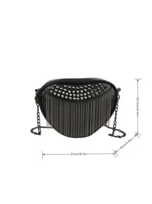 鉚釘裝飾鏈條馬鞍包 - 黑色 - 查看 3