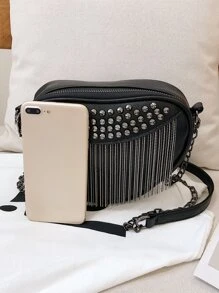 鉚釘裝飾鏈條馬鞍包 - 黑色 - 查看 4