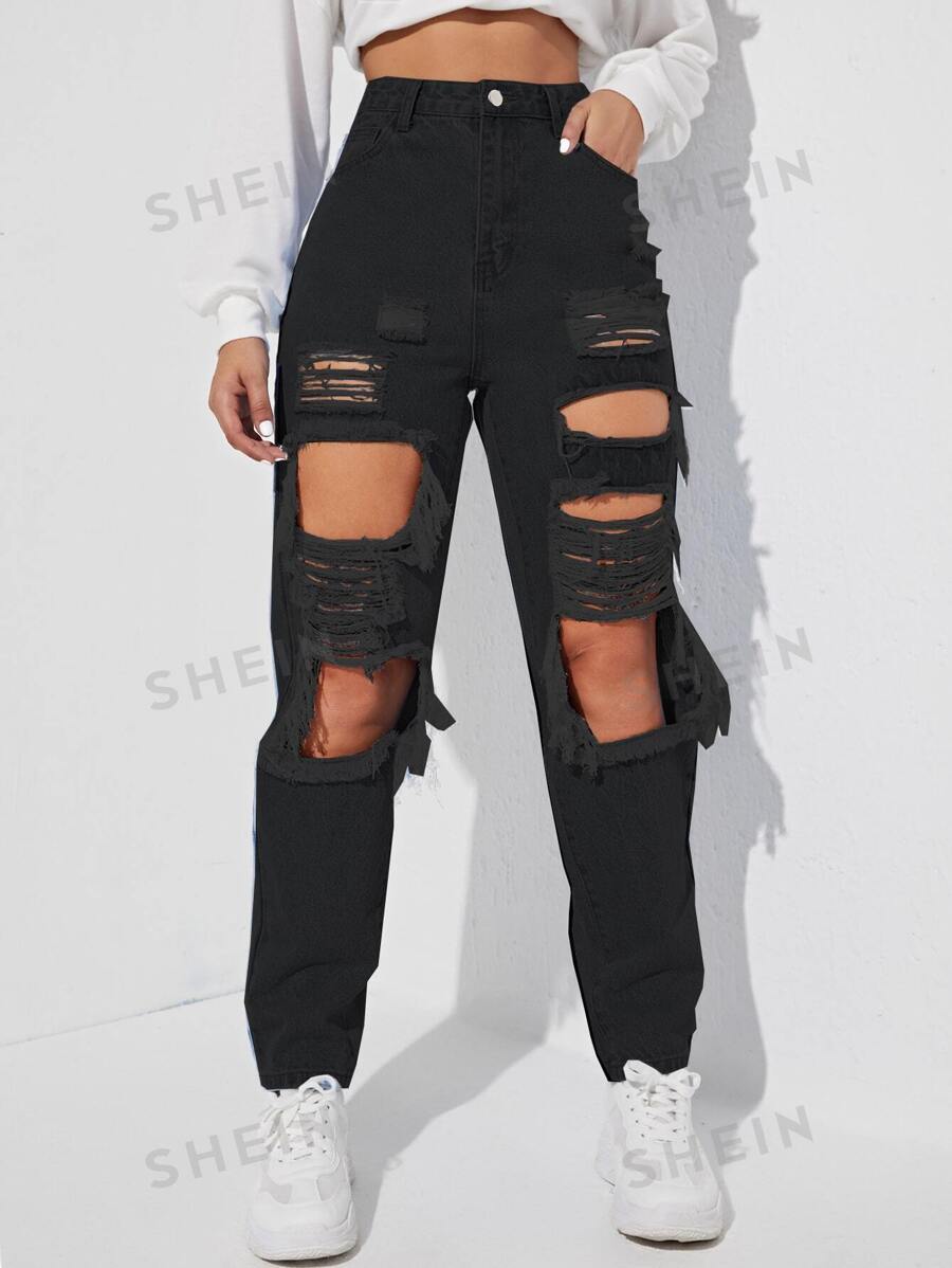 SHEIN EZwear Y2k Cut Out Ripped Frayed Carrot Schwarz Jeans - Schwarz - Übersicht 1