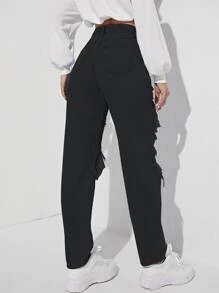 SHEIN EZwear Y2k 剪裁撕破磨邊胡蘿蔔黑色牛仔褲 - 黑色 - 查看 2