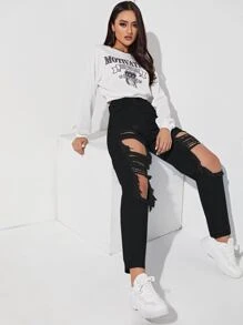 SHEIN EZwear Y2k 剪裁撕破磨邊胡蘿蔔黑色牛仔褲 - 黑色 - 查看 3