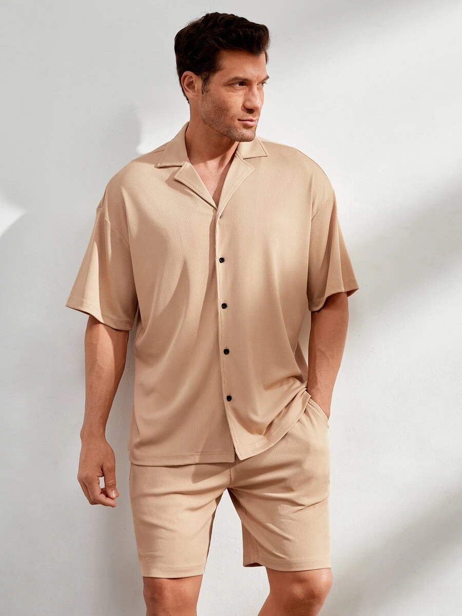 Manfinity 男士羅紋針織西裝領素色襯衫和短褲