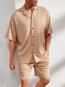 Manfinity 男士羅紋針織西裝領素色襯衫和短褲