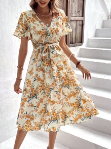 SHEIN Clasi Allover Floral Print Butterfly Sleeve Belted Dress - Multicolor - View 1