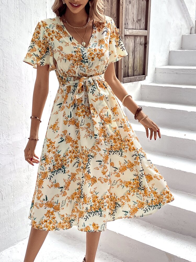 Allover Floral Print Butterfly Sleeve Belted Dress