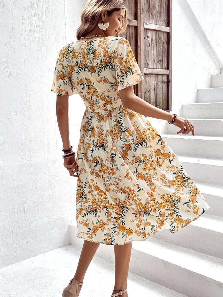 Allover Floral Print Butterfly Sleeve Belted Dress
