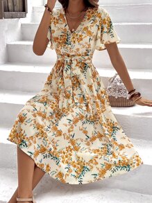 SHEIN Clasi Allover Floral Print Butterfly Sleeve Belted Dress - Multicolor - View 4