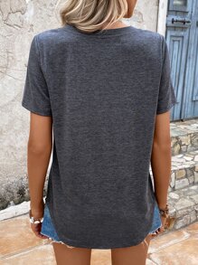 EMERY ROSE Summer Women's Solid Color V-Neck Short Sleeve T-Shirt - Dark Grey - View 2