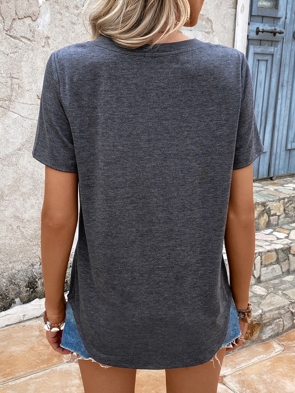 Summer Women's Solid Color V-Neck Short Sleeve T-Shirt