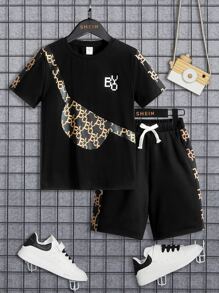SHEIN Tween Boy Bag & Letter Graphic Tee & Drawstring Waist Shorts - Black - View 1