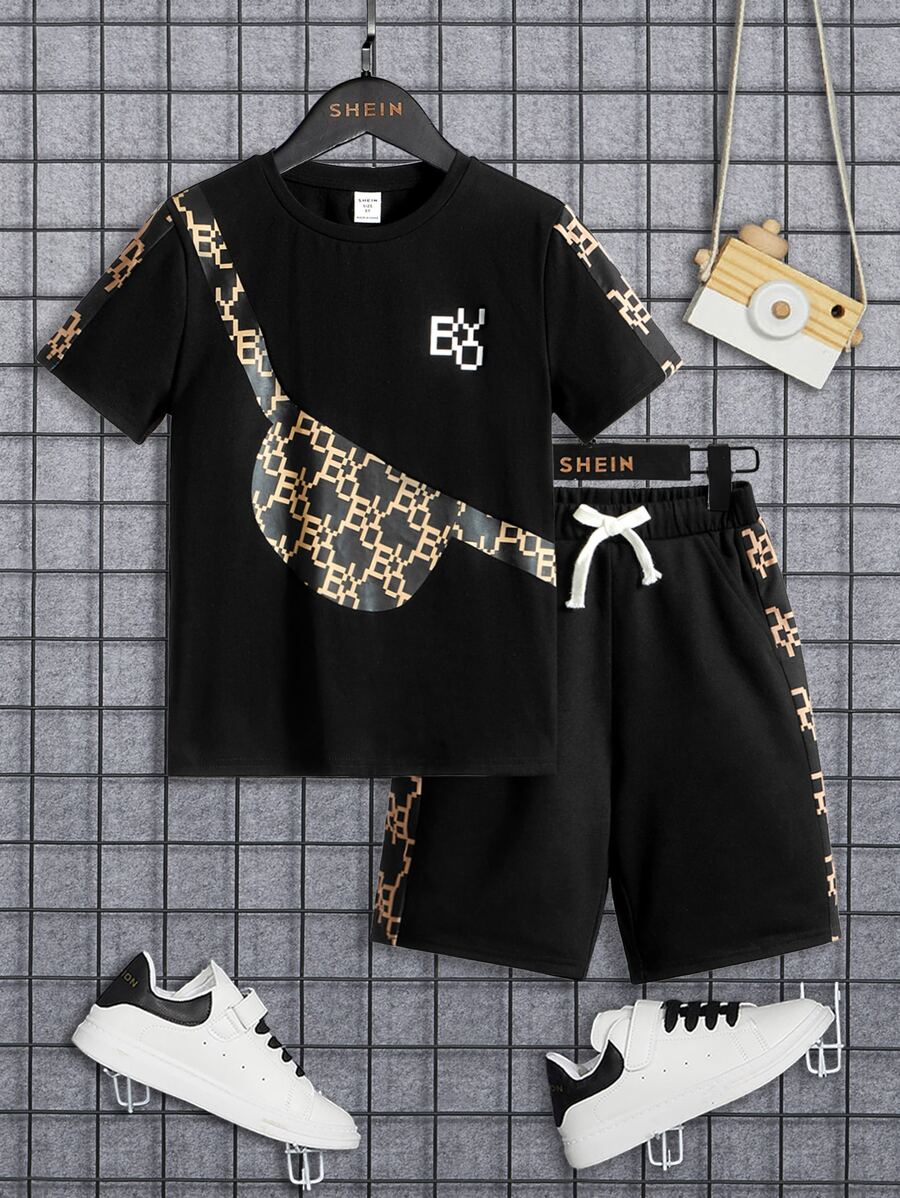 SHEIN Tween Boy Bag & Letter Graphic Tee & Drawstring Waist Shorts - Black - View 1