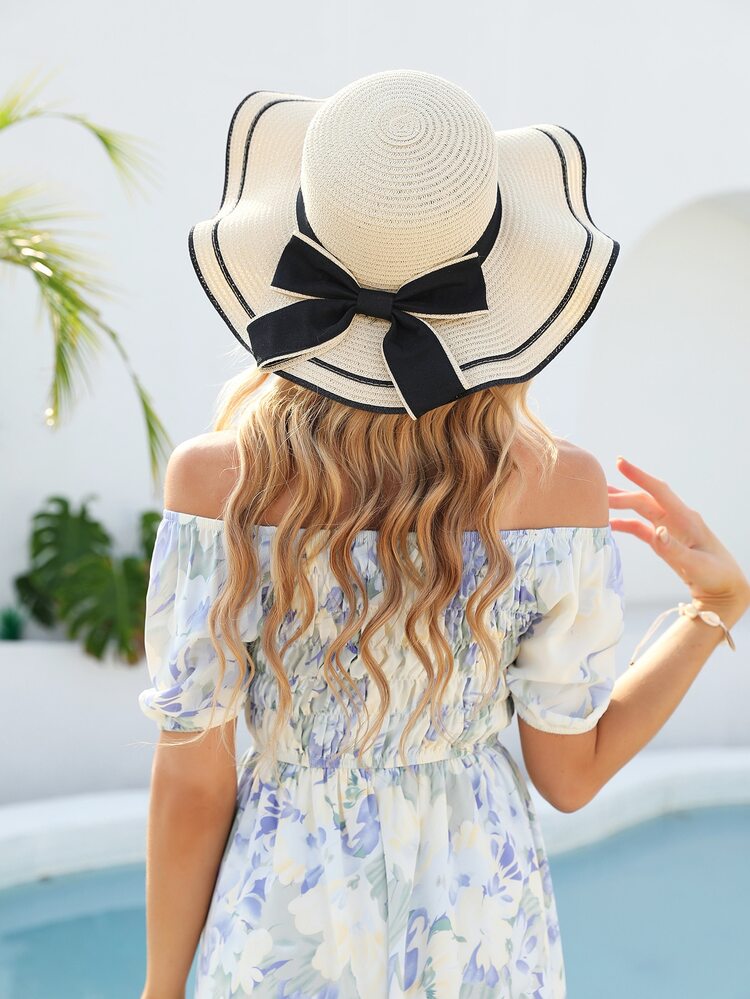 Bow Decor Straw Hat - Beige - View 2