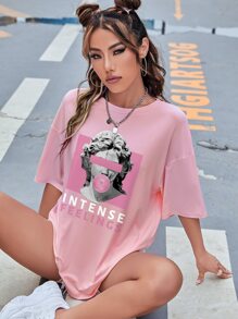 SHEIN EZwear Áo thun nữ Con số Lá thư Giải trí - Hồng - Xem 1