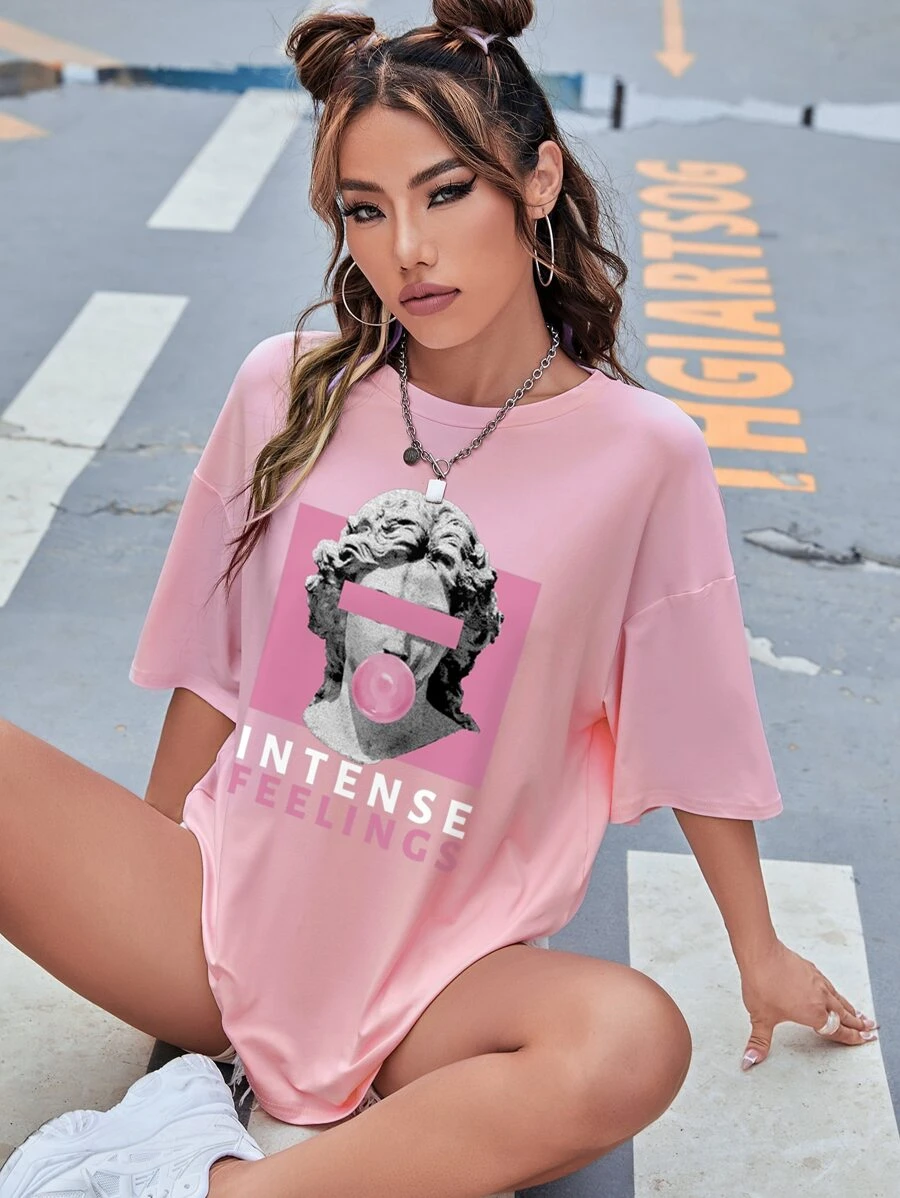 SHEIN EZwear Áo thun nữ Con số Lá thư Giải trí - Hồng - Xem 1