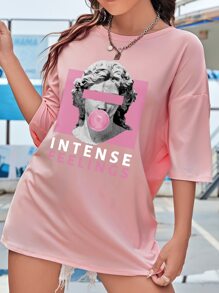 SHEIN EZwear Áo thun nữ Con số Lá thư Giải trí - Hồng - Xem 3