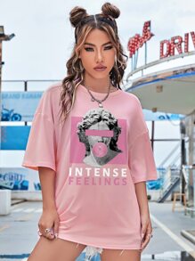 SHEIN EZwear Áo thun nữ Con số Lá thư Giải trí - Hồng - Xem 4