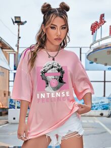 SHEIN EZwear Áo thun nữ Con số Lá thư Giải trí - Hồng - Xem 5