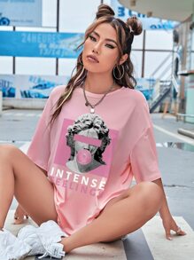 SHEIN EZwear Áo thun nữ Con số Lá thư Giải trí - Hồng - Xem 6