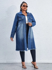 SHEIN SXY Plus Bleach Wash Flap Pocket Raw Hem Denim Jacket - Medium Wash - View 1