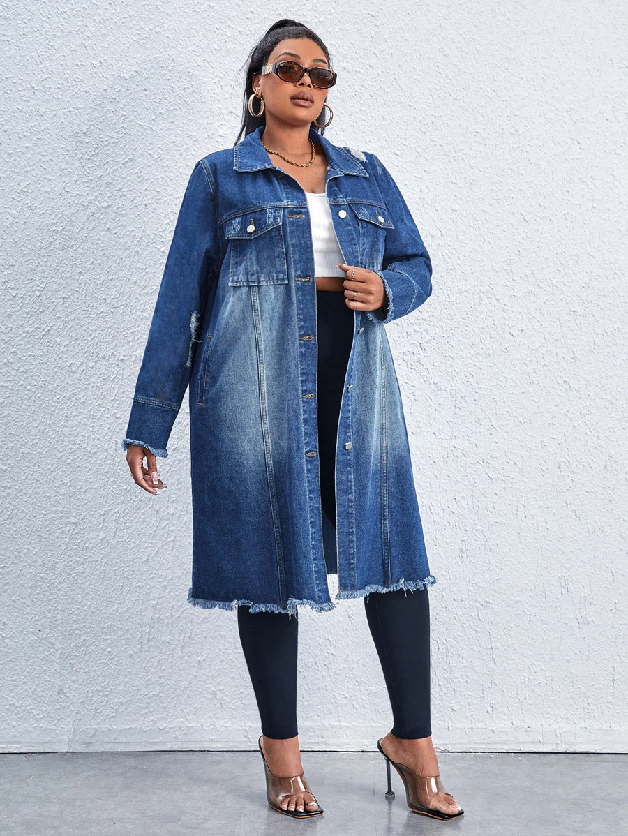 SHEIN SXY Plus Bleach Wash Flap Pocket Raw Hem Denim Jacket - Medium Wash - View 1