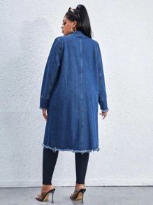 SHEIN SXY Plus Bleach Wash Flap Pocket Raw Hem Denim Jacket - Medium Wash - View 2