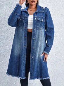 SHEIN SXY Plus Bleach Wash Flap Pocket Raw Hem Denim Jacket - Medium Wash - View 3