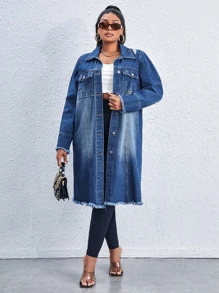 SHEIN SXY Plus Bleach Wash Flap Pocket Raw Hem Denim Jacket - Medium Wash - View 4