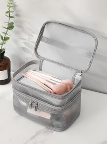 1Pc Multifunction Grey Large Capacity Double Layer Partition Storage Makeup Bag For Women Girls ,Makeup Bag Makeup Pouch Skincare Bag Toiletry Bag Packing Cubes,Travel Essentials Cruise Essentials Dorm Essentials,Wedding Bridesmaid Gifts,Mom Gifts,Birthday Gifts,Gifts For Friends And Teachers,Home Decor,Bathroom Livingroom Bedroom Decor,Bathroom Organizer,Jewelry Organizer,Lip Oil Organizer,Nail Polish Organizer Makeup Travel Toiletry Organizer Clear Essentials Gifts Storage Zipper Accessories Nail