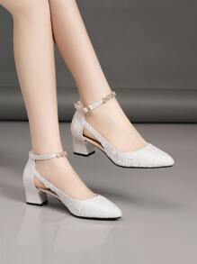 Fall/Winter 2025 Chunky Heel Pointed Toe Rhinestone Single Strap Pumps, Elegant, Party Outfits - Silver - View 2
