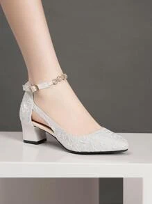 Fall/Winter 2025 Chunky Heel Pointed Toe Rhinestone Single Strap Pumps, Elegant, Party Outfits - Silver - View 3