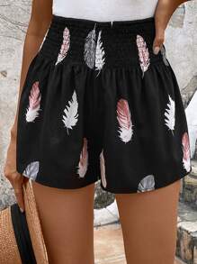 SHEIN VCAY 羽毛印花松紧腰短裤套装女士短裤 - 黑色 - 查看 3