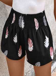 SHEIN VCAY 羽毛印花松紧腰短裤套装女士短裤 - 黑色 - 查看 5