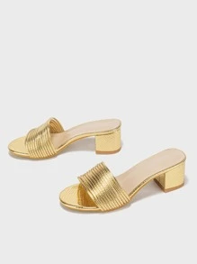 Giày cao gót màu vàng ánh kim sang trọng dành cho nữ, sandal hở mũi đế dày bằng da nhân tạo dập nổi họa tiết da rắn ánh kim, phù hợp với trang phục mùa xuân hè. - Vàng - Xem 3