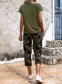 EMERY ROSE Batwing Sleeve Tee & Camo Print Drawstring Waist Trousers - Army Green - View 2