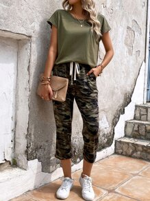 EMERY ROSE Batwing Sleeve Tee & Camo Print Drawstring Waist Trousers - Army Green - View 3